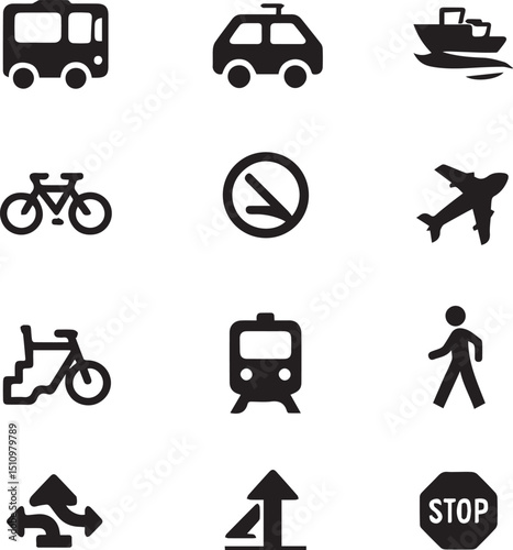 Vector set of transportation and travel icons including car, truck, bus, train, plane, helicopter, ship