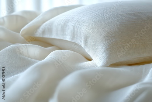 White pillow resting over crumpled bed sheets in morning light, close focus on soft woven textures and restful mood.