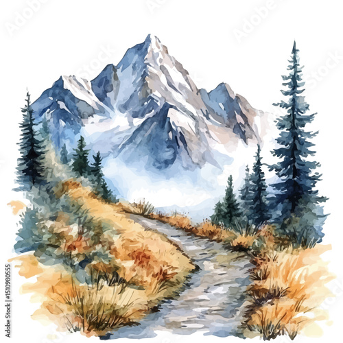 Hiking Trail Mountain, watercolor illustration vector, high quality, isolated on a white background.