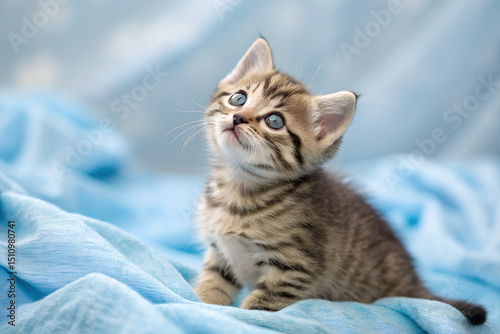 Wallpaper Mural Cute tabby kitten looking up adorable pet portrait on a blue blanket charming and innocent Torontodigital.ca