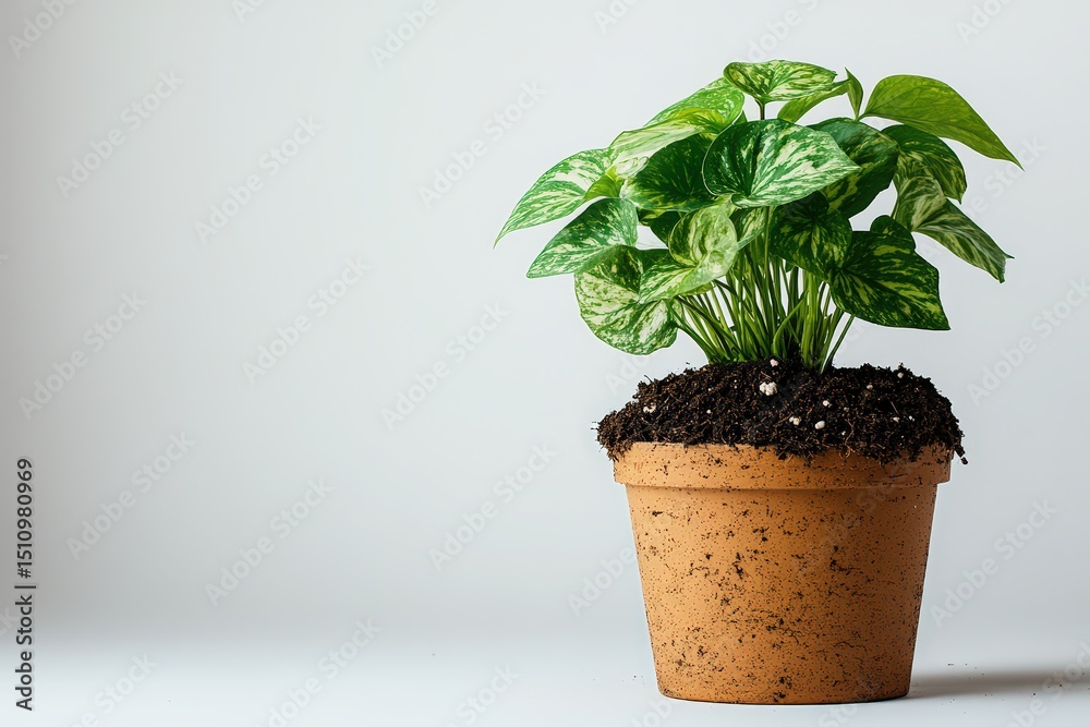 Obraz premium Green potted plant in terracotta container shows indoor freshness, home decor, nature care, and vibrant leaf beauty