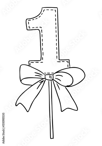 Number one with stitched outline and decorative bow on a stick in black and white. Birthday celebration and first milestone concept in cute hand drawn style