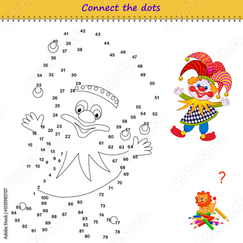 Connect the dots from 1 to 100 and draw the cute clown puppet. Trace the line between numbers. Coloring book. Develop counting skills. Logic puzzle game for children. Educational page. Vector image.