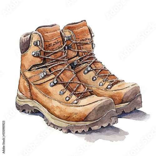 Hiking Boots, watercolor drawing vector, high quality, isolated on a white background.