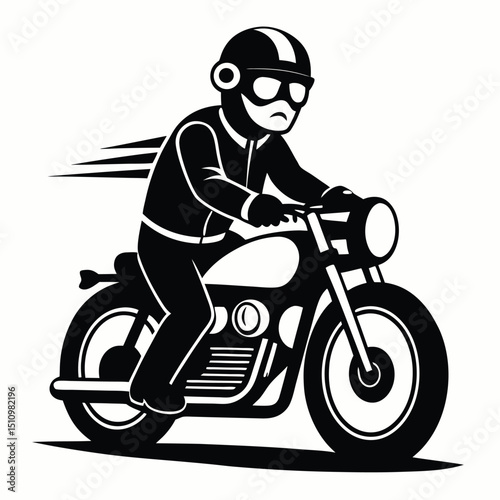 Monochrome Illustration of a Motorcyclist Wearing a Helmet and Goggles Riding a Classic Motorcycle Speed Lines Indicate Movement