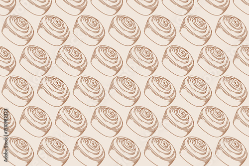 Hand-drawn cinnamon roll pattern for bakeries, pastry shops, menus, or graphic design. Cinnamon roll illustration. Cinnamon roll with line art. Vector graphics.