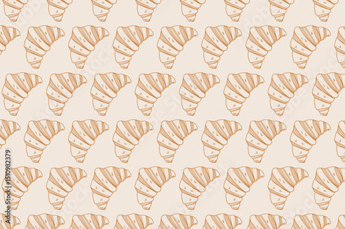 Hand-drawn heart-shaped croissant pattern for pastry shops, bakery menus, or graphic design. Croissant illustration. Croissant with line art. Vector graphics.