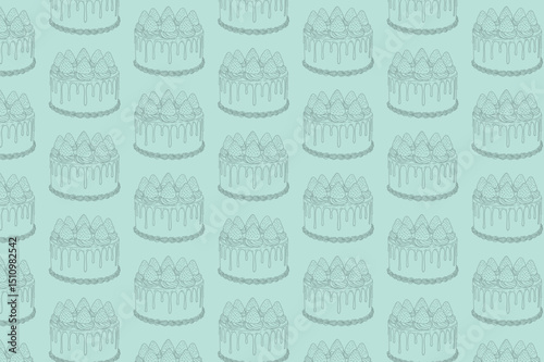 Hand-drawn heart-shaped cake pattern for weddings, Valentine's Day, or anniversaries. Dessert illustration with a whimsical doodle. Flirty cake. Sweet pastry with line art. Vector graphics.