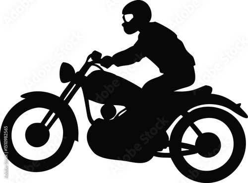 Silhouette Illustration of a Person Riding a Classic Motorcycle with Helmet and Protective Gear on a White Background