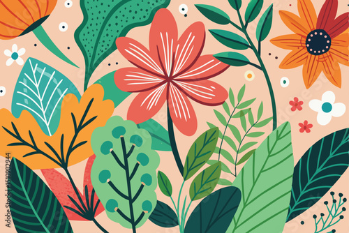 Botanical doodle background art vector set. Flower and leaves abstract shape doodle art design for print, wallpaper, clipart, wall art for home decoration