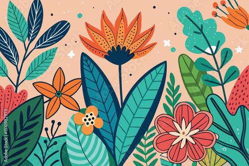 Botanical doodle background art vector set. Flower and leaves abstract shape doodle art design for print, wallpaper, clipart, wall art for home decoration