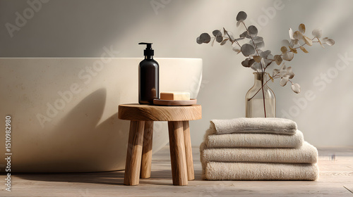 Minimalist bathroom with natural light, wooden stool, organic soap, soft towels, and eucalyptus, creating a serene spa-like and tranquil home environment