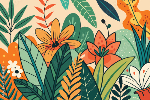 Botanical doodle background art vector set. Flower and leaves abstract shape doodle art design for print, wallpaper, clipart, wall art for home decoration