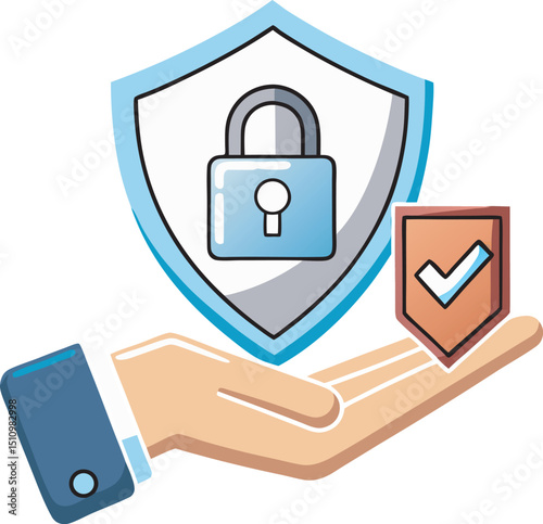 3D Hand holding security shield and padlock. Personal data protection. Secure access concept. Successful verification. Cartoon creative design icon isolated on a white background. 3D Rendering vector