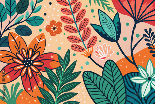 Botanical doodle background art vector set. Flower and leaves abstract shape doodle art design for print, wallpaper, clipart, wall art for home decoration