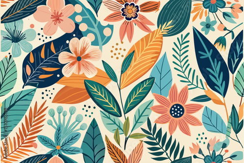 Botanical doodle background art vector set. Flower and leaves abstract shape doodle art design for print, wallpaper, clipart, wall art for home decoration