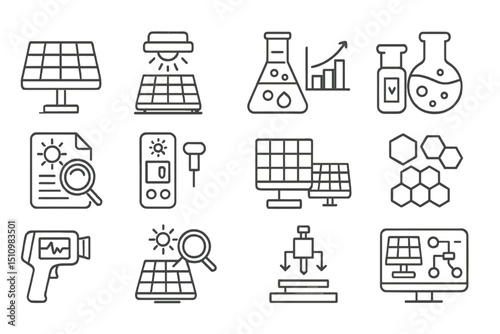 Solar energy research icons featuring panels, charts, and laboratory equipment