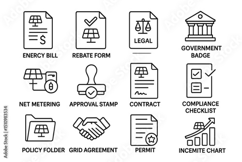 Energy bill icons and legal compliance symbols for grid agreement and approval