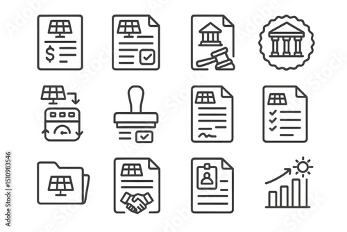 Financial document icons with legal and business symbols on gray background