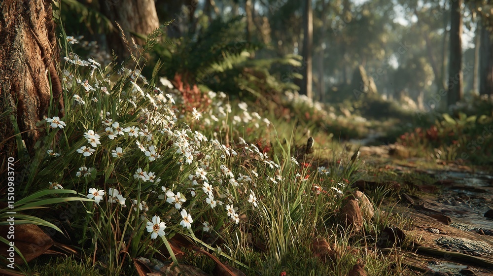 Obraz premium A forest brimming with numerous white blossoms, surrounded by a verdant landscape dotted with towering trees
