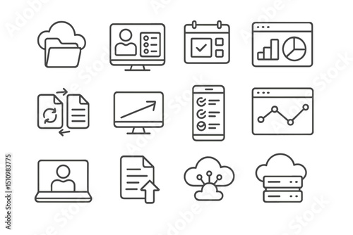 Digital interface icons for data management and analysis