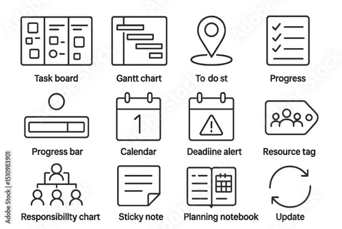 Productivity tools icons: task boards, gantt charts, to-do lists, calendars