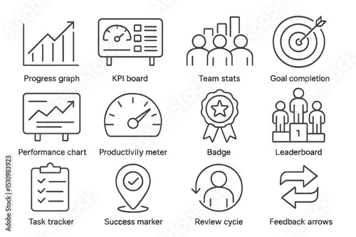 Business icon set featuring charts, boards, and team stats