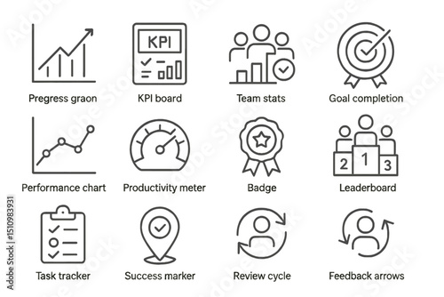 Business performance metrics icons for productivity and goal tracking