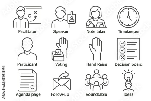 Business meeting icons with facilitator, speaker, voting, and ideas