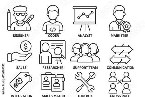 Different professional roles icons in line art style