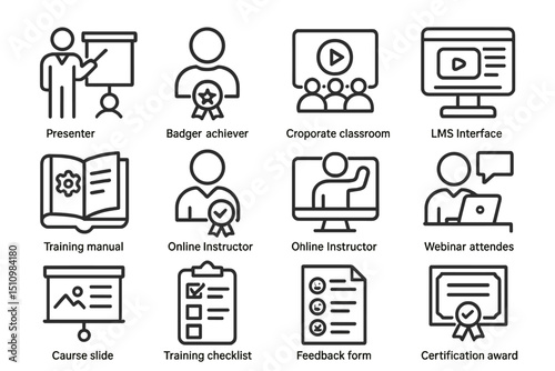 Icons representing e-learning tools and training activities