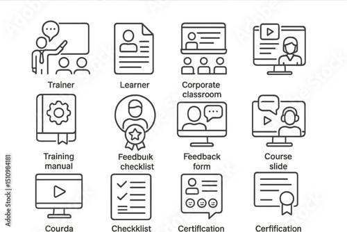 Educational training icons for learning and certification in corporate settings