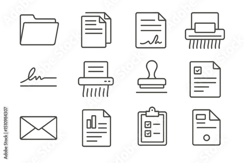 Gray office icon set featuring documents, shredders, signatures, and envelopes
