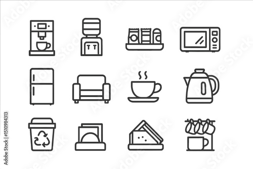 Minimalist icons of kitchen appliances and furniture on gray background
