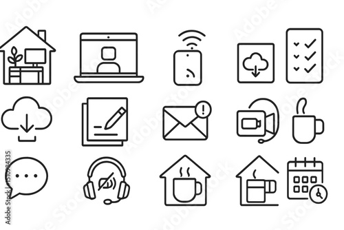 Home office icons: communication, cloud storage, checklist, coffee, and remote work