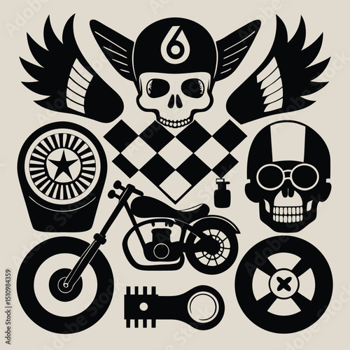 Monochrome Motorcycle Culture Illustration with Skull Wings Checkered Flag and Other Biker Elements on Beige Background