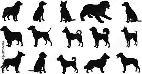 Varied Black Dog Silhouette Set: Multiple Canine Breeds in Standing, Sitting & Action Poses, Pet Graphics AI Generative
