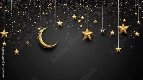 Golden stars and moon hanging on strings with glitter