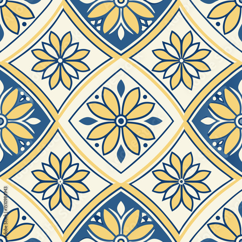 Floral pattern design with blue and yellow colors on white background  