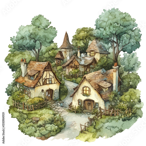 Hidden Village, watercolor drawing vector, high quality, isolated on a white background.