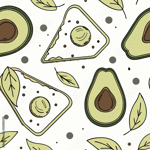 Avocado pattern with leaves and geometric shapes in pastel colors  