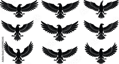 Classic Heraldic Eagle Silhouette Set: Nine Black Birds of Prey with Open Wings, Emblematic Graphics AI Generative
