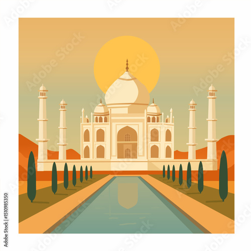 Taj Mahal India Vector Illustration | Famous Monument with Sunset & Reflection Pool