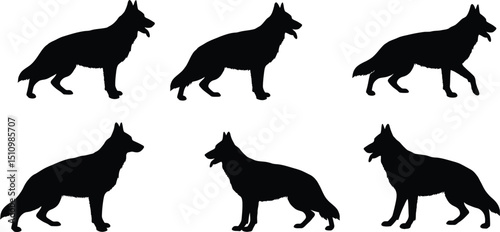 Six Alert German Shepherd Silhouettes: Black Canine Collection - Standing & Walking Poses, Pet Graphics AI Generative
