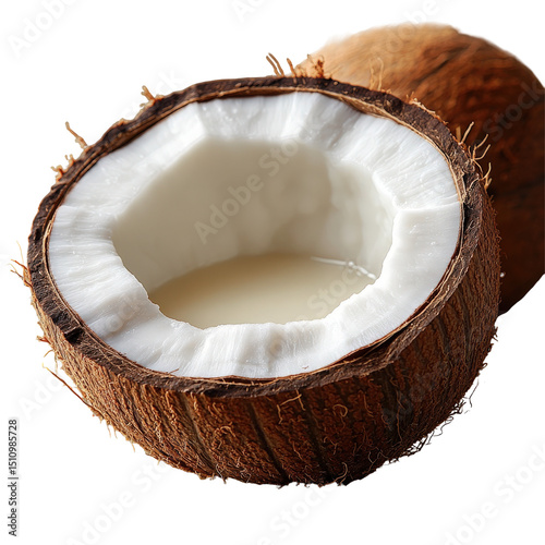Halved coconut with coconut water detail displaying refreshing tropical fruit goodness
