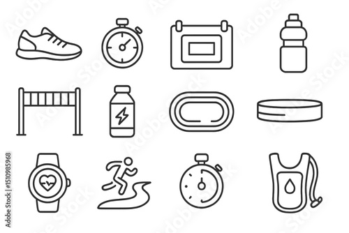 Athletic icons set with stopwatch, shoe, bottle, hurdle, track, and more