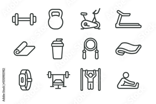 Fitness icon set featuring gym equipment and exercise symbols