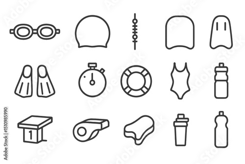 Swimming gear icons: goggles, flippers, stopwatch, swim cap, water bottle