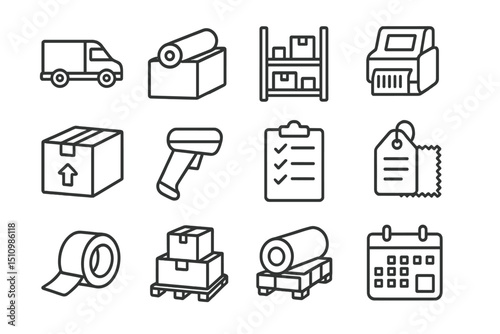 Warehouse and logistics icons: boxes, scanner, truck, calendar, printer