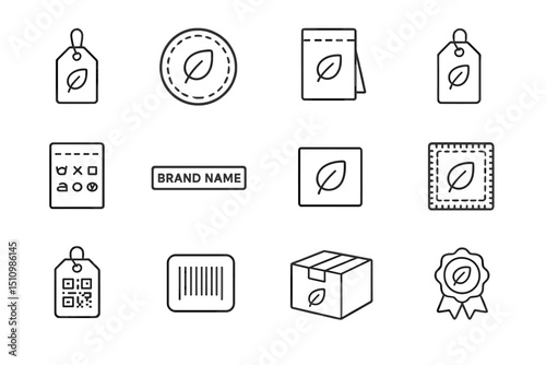 Eco-friendly icons with leaf symbol on various stationery and packaging items